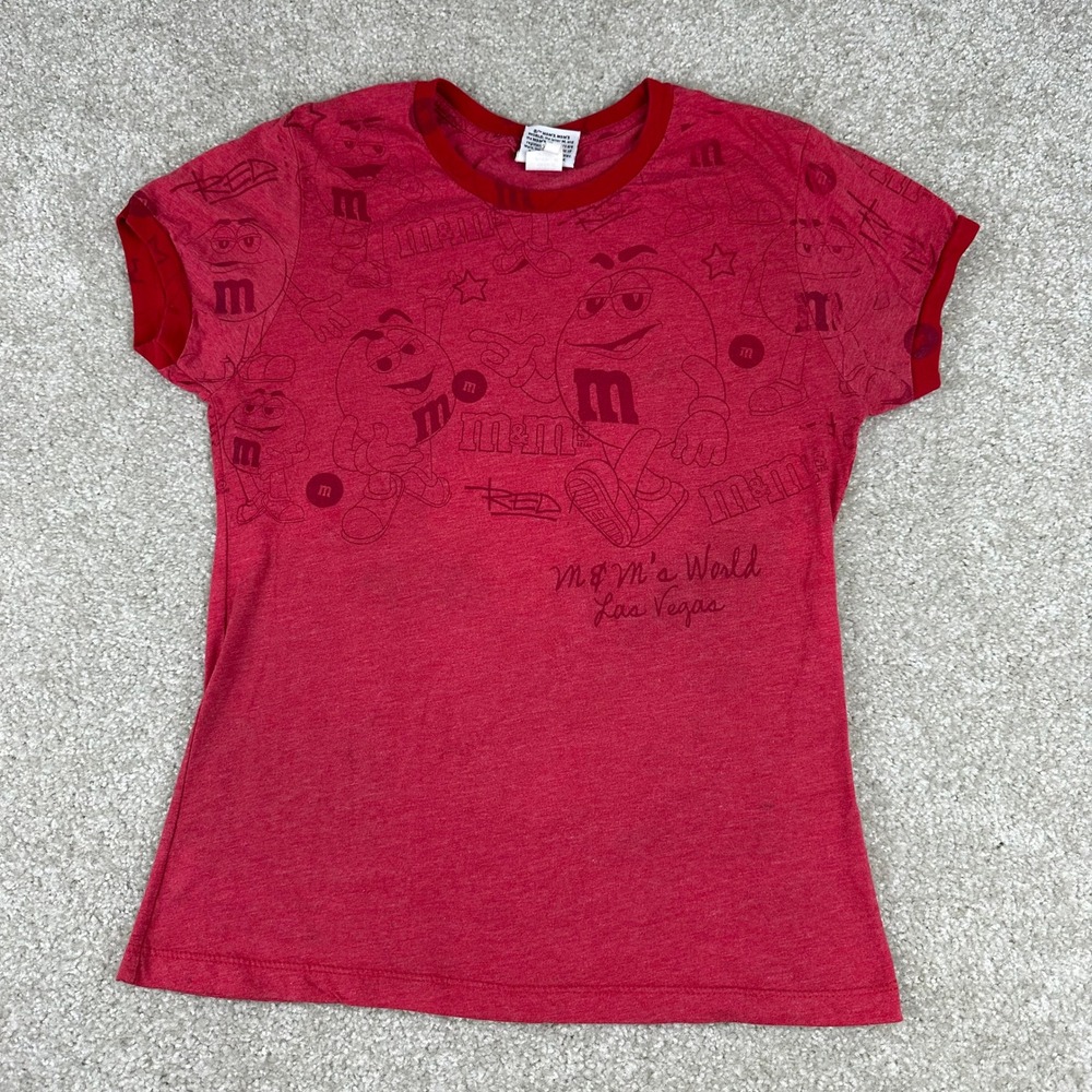 M&Ms World Las Vegas Red Ringer Graphic Tee XL Cotton Blend Y2K Slim Fit Shirt